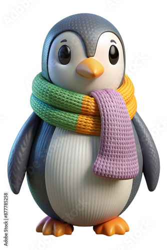 Adorable Christmas penguin wearing a knitted scarf, crafted in 3D plastic and plasticine style. Isolated on a transparent background, ideal for sublimation, web, print, and postcards photo