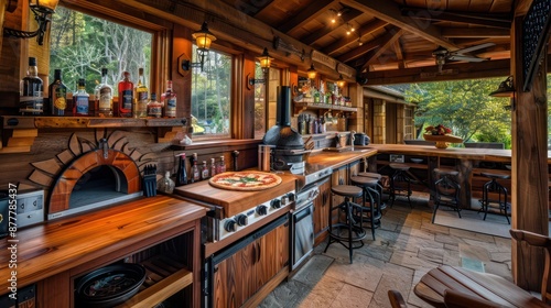 hand-laid wooden Craftsman-style outdoor kitchen, complete with a pizza oven and a bar area, perfect for entertaining