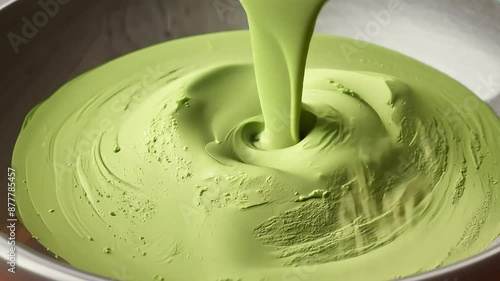 Wallpaper Mural Close-Up of Green Matcha Batter Being Poured with Ai generated.
 Torontodigital.ca