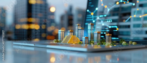 Miniature cityscape displayed on a laptop with urban skyline in the background, illustrating smart city technology and futuristic concepts.