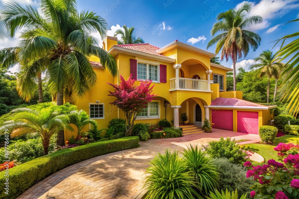 Fototapeta premium Vibrant pink and yellow tropical house with curved lines and bright shutters sits amidst lush greenery, surrounded by a circular driveway of pristine white stone.
