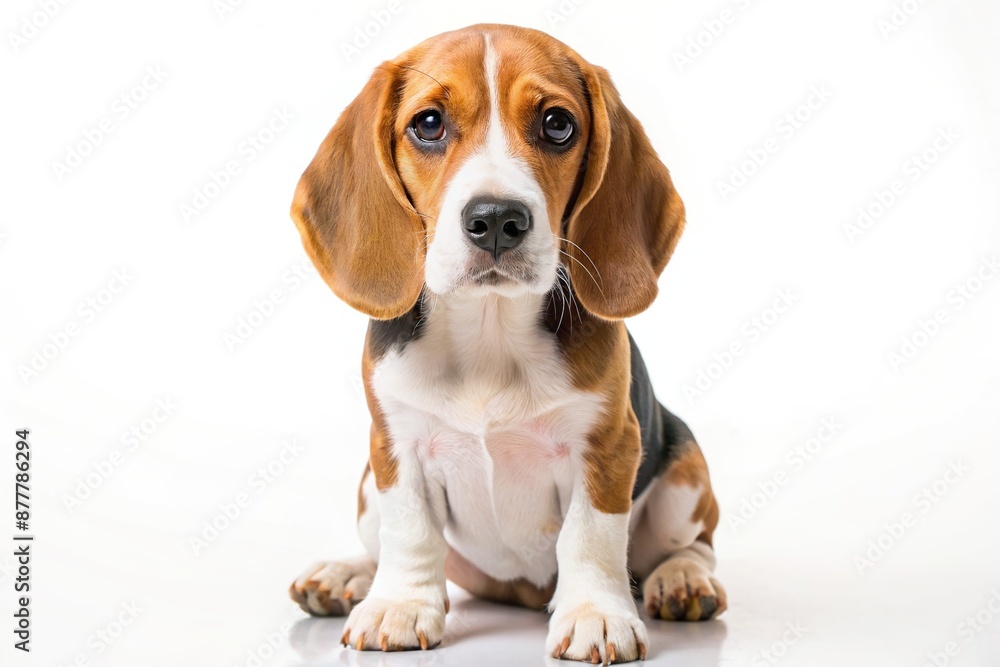Adorable beagle dog with floppy ears and big brown eyes sits alone on a clean white background, showcasing its gentle and curious nature perfectly. Adorable beagle dog with floppy ears and big brown eyes sits alone on a clean white background, showcasing its gentle and curious nature perfectly.