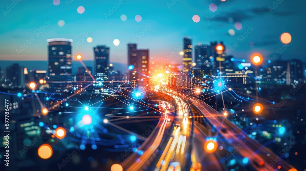 Fototapeta premium Cityscape with Abstract Network Connections at Night