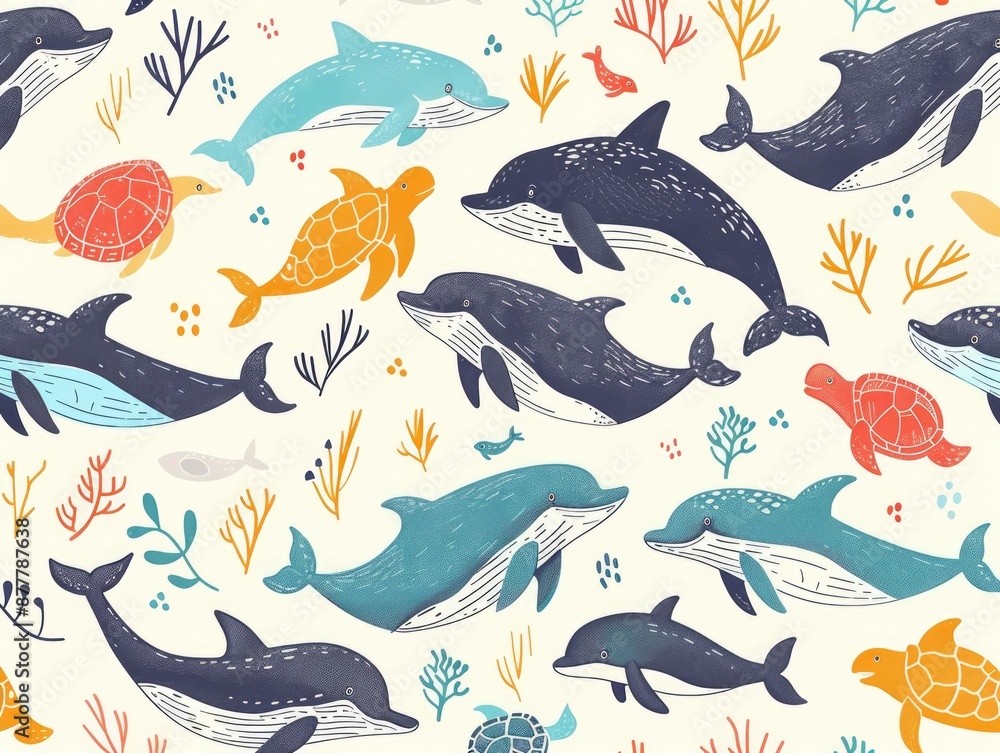 Obraz premium Whimsical Ocean Animals Doodle - Delightful Hand-Drawn Creatures of the Sea for Kids' Artwork and Designs, Generative Ai