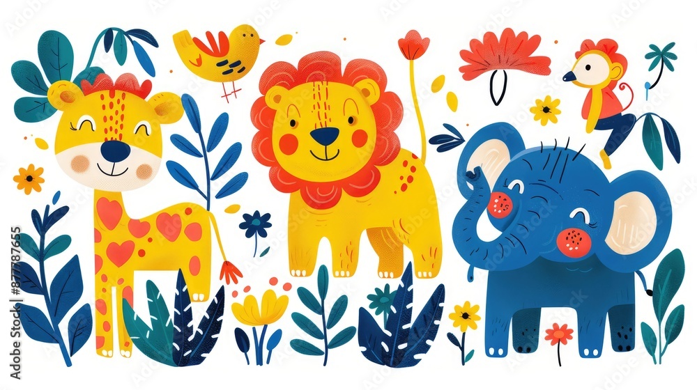 Naklejka premium Whimsical Jungle Animals in Doodle Style - Vibrant and Adorable Hand-Drawn Illustrations of Lions, Elephants, and Monkeys with Simple Lines and Bright Colors, Generative Ai