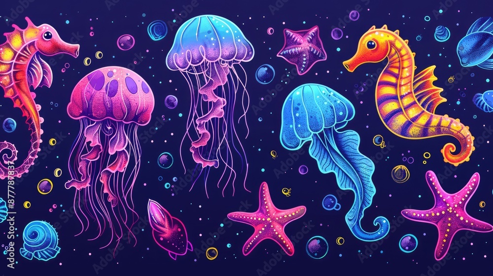 Playful Ocean Critters Doodle - Vibrant and Colorful Illustration with Jellyfish, Seahorses, and Starfish in Whimsical Style, Generative Ai Playful Ocean Critters Doodle - Vibrant and Colorful Illustration with Jellyfish, Seahorses, and Starfish in Whimsical Style, Generative Ai