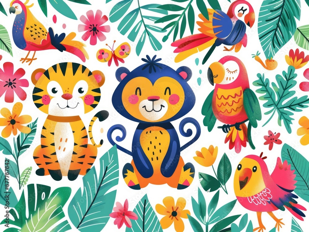 Playful Doodle Jungle Critters: Colorful Hand-drawn Tigers, Monkeys, and Parrots in Whimsical Style, Generative Ai Playful Doodle Jungle Critters: Colorful Hand-drawn Tigers, Monkeys, and Parrots in Whimsical Style, Generative Ai