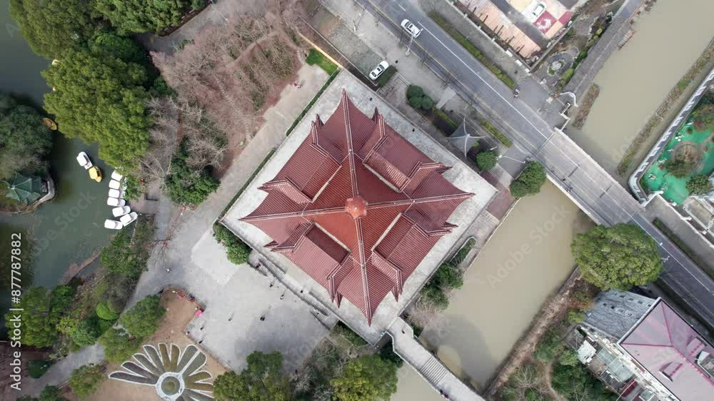 Aerial drone view of ancient Heming tower in Chuansha town, Shanghai, China. It is a building nearly the same as Yellow Crane tower in Wuhan. 4k real time footage high angle view. Aerial drone view of ancient Heming tower in Chuansha town, Shanghai, China. It is a building nearly the same as Yellow Crane tower in Wuhan. 4k real time footage high angle view.