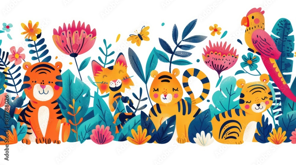 Whimsical Jungle Animals Doodle - Playful Tigers, Snakes, and Parrots in Vibrant Colors and Simple Lines, Generative Ai Whimsical Jungle Animals Doodle - Playful Tigers, Snakes, and Parrots in Vibrant Colors and Simple Lines, Generative Ai