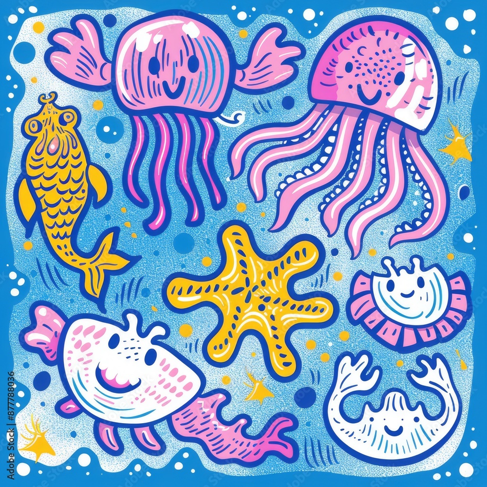Obraz premium Playful Ocean Critters Doodle: Vibrant Hand-Drawn Jellyfish, Crabs, and Seahorses - Whimsical and Fun Marine Life Illustration, Generative Ai