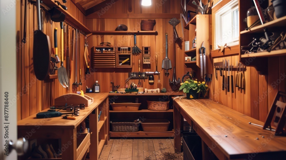 handcrafted wooden Craftsman-style tool shed, featuring organized spaces for gardening tools and equipment handcrafted wooden Craftsman-style tool shed, featuring organized spaces for gardening tools and equipment