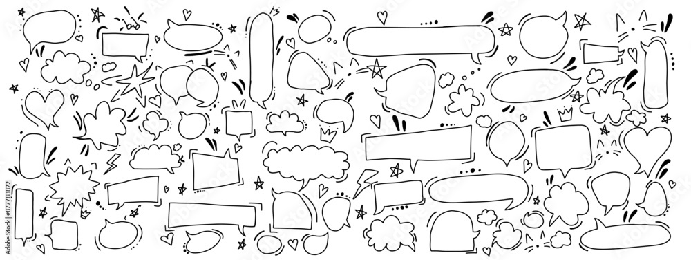Chat box messages doodle line vector icons bundle on white background. Cartoon dialog balloons hand drawn monochrome illustration set Chat box messages doodle line vector icons bundle on white background. Cartoon dialog balloons hand drawn monochrome illustration set
