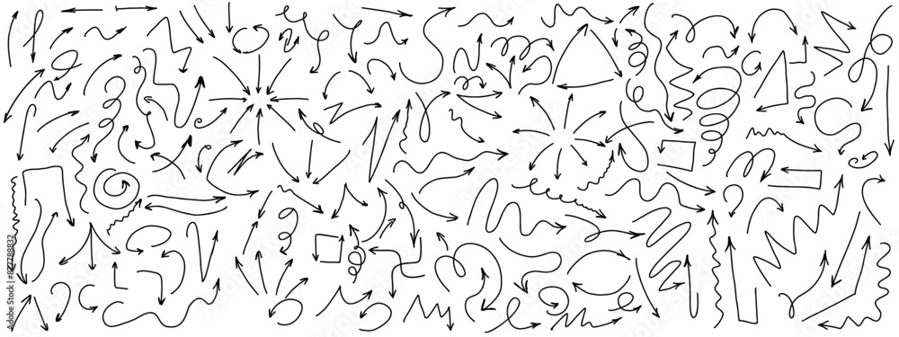 Arrows 2d line doodle vector icons set on white background. Different directions pointers hand drawn monochrome illustration collection Arrows 2d line doodle vector icons set on white background. Different directions pointers hand drawn monochrome illustration collection