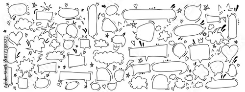 Chat box messages doodle line vector icons bundle on white background. Cartoon dialog balloons hand drawn monochrome illustration set