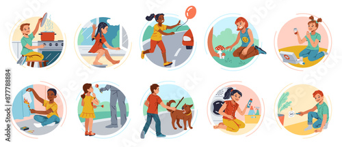 Little children in dangerous situations flat color vector icon set. Awareness about kids safety round illustration pack on white background