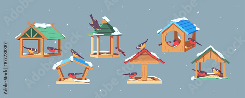 Birdfeeders with avian guests under snowfall 2D cartoon objects set. Handmade feeders for birds flat line vector elements on grey background