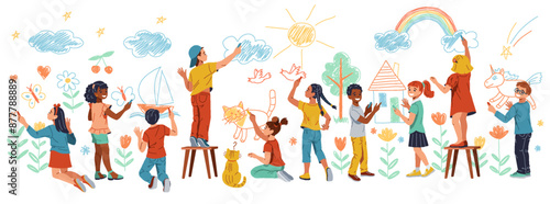 Happy little children drawing with chalks on wall flat color vector illustration. Kids creativity cartoon composition on white background