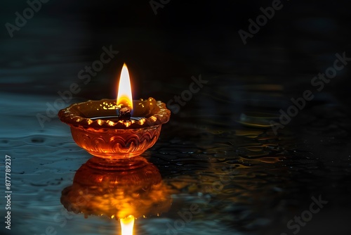 A traditional Diya oil lamp, its flame glowing steadily, placed on a reflective black surface, creating a stunning visual effect.