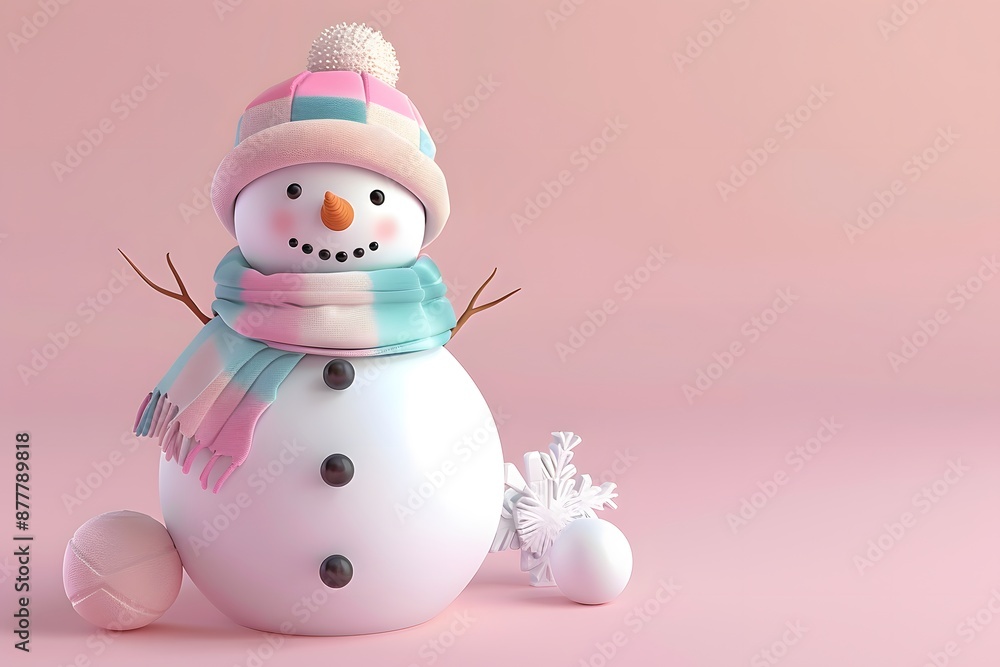 3D render of Snowman with a pastel-colored scarf and hat on a pastel pink background. very detailed 3D render of Snowman with a pastel-colored scarf and hat on a pastel pink background. very detailed