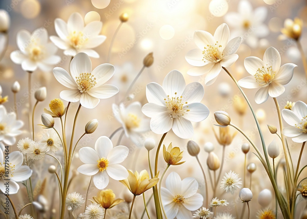 Delicate white and gold spring flowers bloom in harmony against a crisp white background, creating a beautiful, elegant, and sophisticated wallpaper or banner design. Delicate white and gold spring flowers bloom in harmony against a crisp white background, creating a beautiful, elegant, and sophisticated wallpaper or banner design.