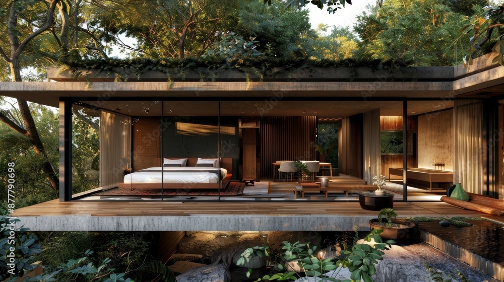 Modern Glass-Walled House in Lush Forest Setting with Open Living Space and Natural Light Modern Glass-Walled House in Lush Forest Setting with Open Living Space and Natural Light