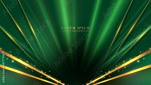 Luxury green background decoration with golden lines, glowing beams, and glitter light effects