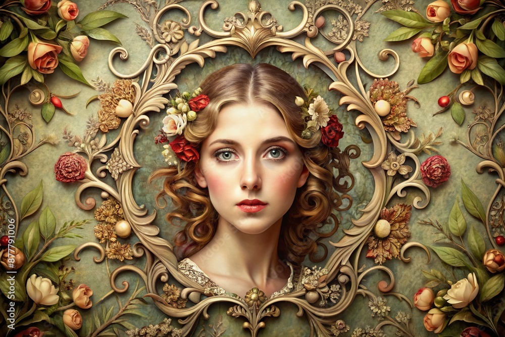 Intricate floral patterns and swirling curls adorn a vintage-style portrait frame, showcasing an empty space where a woman's face would be, in a stunning Art Nouveau design. Intricate floral patterns and swirling curls adorn a vintage-style portrait frame, showcasing an empty space where a woman's face would be, in a stunning Art Nouveau design.