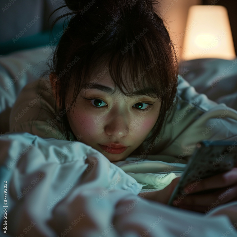 Young Woman Lying in Bed Using Smartphone at Night, Soft Lamp Light, Cozy and Intimate Bedroom Setting, Evening Digital Relaxation Young Woman Lying in Bed Using Smartphone at Night, Soft Lamp Light, Cozy and Intimate Bedroom Setting, Evening Digital Relaxation