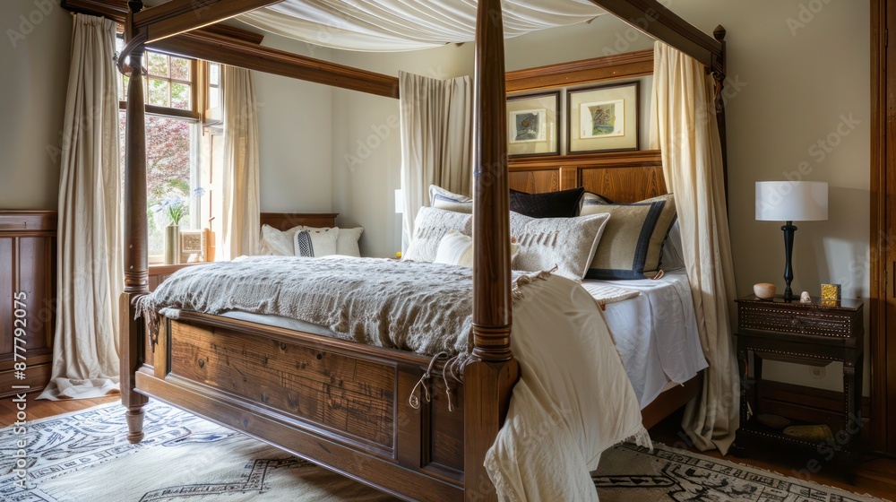 suburban craftsman bedroom with a wooden four-poster bed, detailed headboard, and soft linen drapes suburban craftsman bedroom with a wooden four-poster bed, detailed headboard, and soft linen drapes