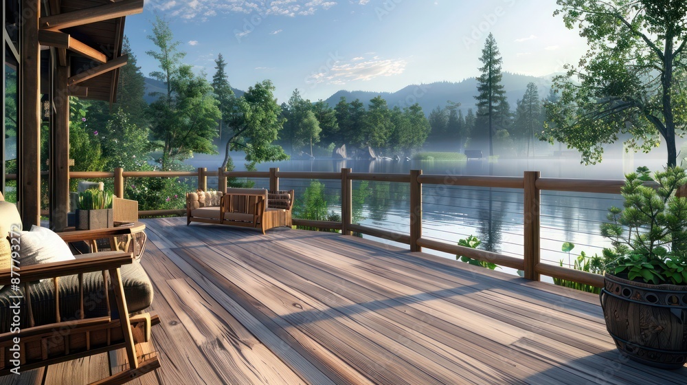 Obraz premium wooden Craftsman-style deck overlooking a serene lake, complete with handcrafted railings and a cozy seating area