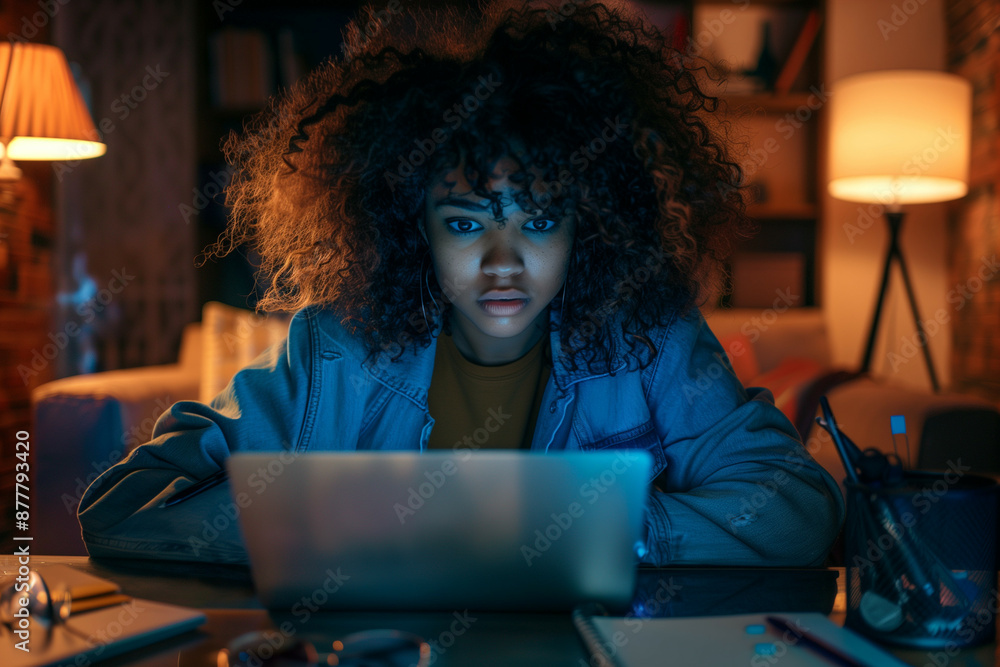 Young Woman with Voluminous Curly Hair Engrossed in Work at Night, Illuminated by Laptop Screen in a Cozy Home Office Setting Young Woman with Voluminous Curly Hair Engrossed in Work at Night, Illuminated by Laptop Screen in a Cozy Home Office Setting