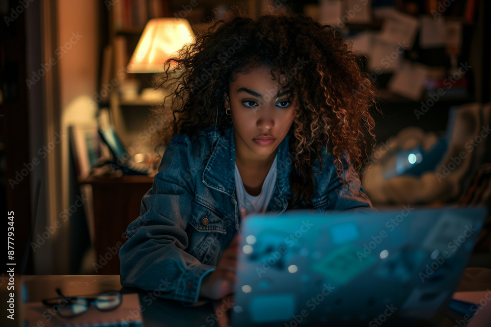 A young woman with voluminous curly hair dressed in a denim jacket intently working on her laptop in a cozy, cluttered home office setting, surrounded by books and personal items A young woman with voluminous curly hair dressed in a denim jacket intently working on her laptop in a cozy, cluttered home office setting, surrounded by books and personal items