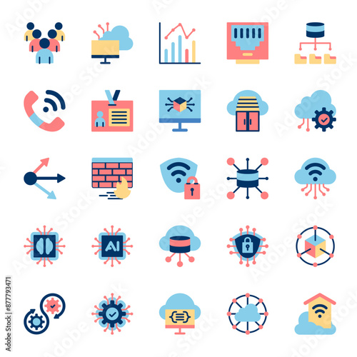 Cloud Computing Network Icons Set. Flat Vector Icons. Contains Icon such as Statistics, Artificial Intelligence, Big Data, Cloud Computing, Firewall, Identity, Ethernet, Queue, Container.