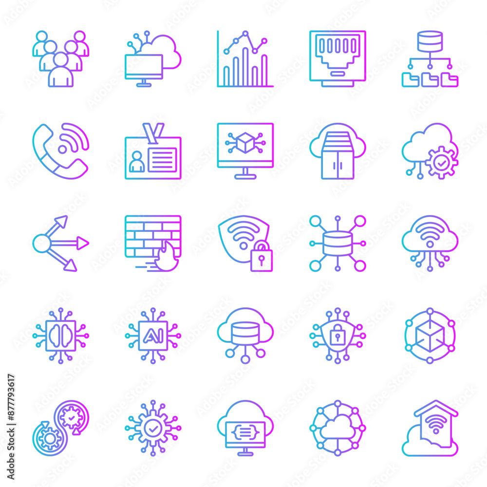 Cloud Computing Network Icons Set. Gradient Vector Icons. Contains Icon such as Statistics, Artificial Intelligence, Big Data, Cloud Computing, Firewall, Identity, Ethernet, Queue, Container. Cloud Computing Network Icons Set. Gradient Vector Icons. Contains Icon such as Statistics, Artificial Intelligence, Big Data, Cloud Computing, Firewall, Identity, Ethernet, Queue, Container.