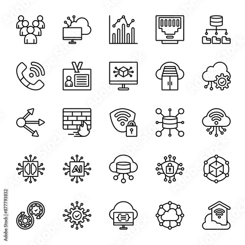 Cloud Computing Network Icons Set. Line Vector Icons. Contains Icon such as Statistics, Artificial Intelligence, Big Data, Cloud Computing, Firewall, Identity, Ethernet, Queue, Container.