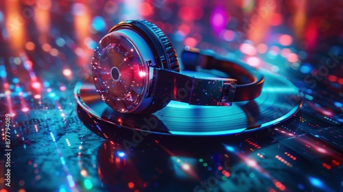 Headphones on a Vinyl Record in a Colorful Glow