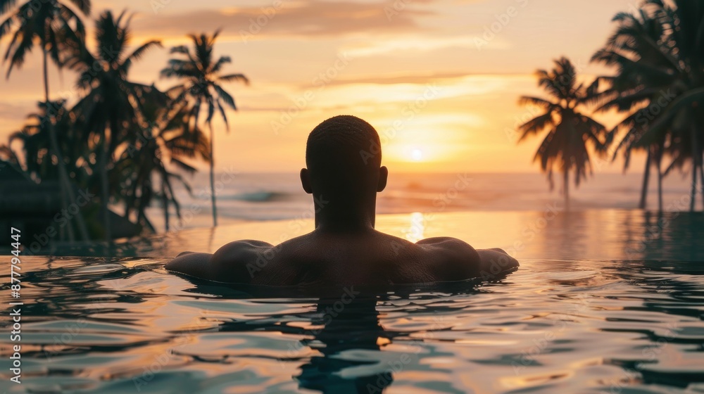 Man relaxing in swimming pool at sunset with palm tree silhouette in travel and leisure concept photo Man relaxing in swimming pool at sunset with palm tree silhouette in travel and leisure concept photo