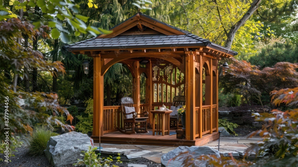 Naklejka premium wooden Craftsman-style garden kiosk, offering a quaint spot for reading, enjoying tea, or observing nature