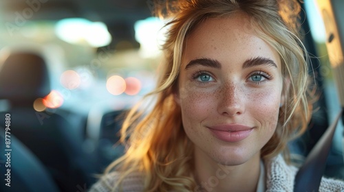 Woman enjoying a relaxing car ride with a smile on her face while traveling in style and comfort