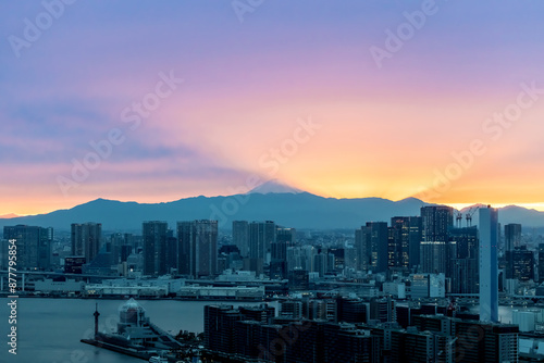 View of Mount Fuji from Tokyo, Japan at sunset with rare Mountain Shadow photo