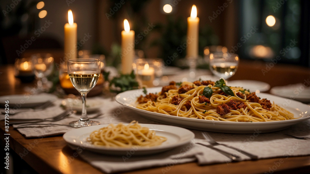 Pasta Dinner Party Film a cinematic shot of a beautifully set dinner table with candles and wine glasses, featuring a platter of assorted pasta dishes like spaghetti Bolognese, carbonara Pasta Dinner Party Film a cinematic shot of a beautifully set dinner table with candles and wine glasses, featuring a platter of assorted pasta dishes like spaghetti Bolognese, carbonara