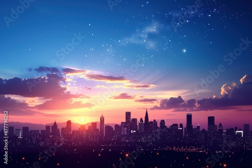 City skyline at dusk under a starry sky, showcasing vibrant colors and twinkling city lights as day transitions to night.