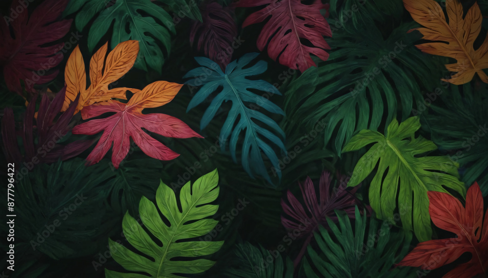 palm leaves and jungle vegetation illuminated in gradient color, background for text palm leaves and jungle vegetation illuminated in gradient color, background for text