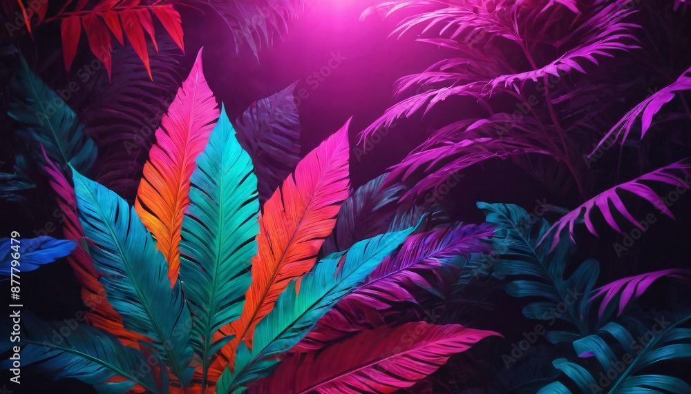 palm leaves and jungle vegetation illuminated in gradient color, background for text palm leaves and jungle vegetation illuminated in gradient color, background for text