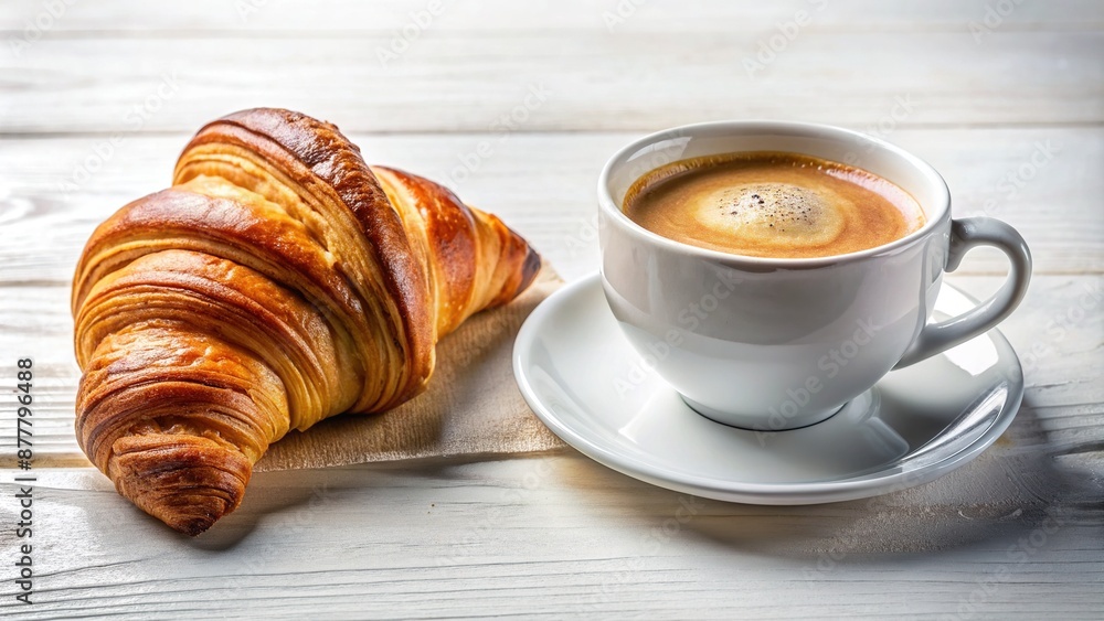 Freshly brewed cup of coffee sits next to a flaky, buttery croissant on a clean, minimalist white background, evoking a sense of warm morning comfort. Freshly brewed cup of coffee sits next to a flaky, buttery croissant on a clean, minimalist white background, evoking a sense of warm morning comfort.