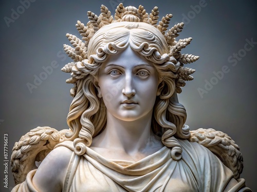 Ancient Greek statue sculpture of a mythical creature or goddess in white marble on a plain background, highly detailed and intricately carved, isolated element. photo