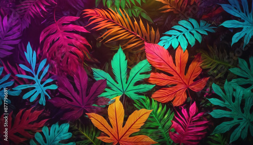 palm leaves and jungle vegetation illuminated in gradient color, background for text