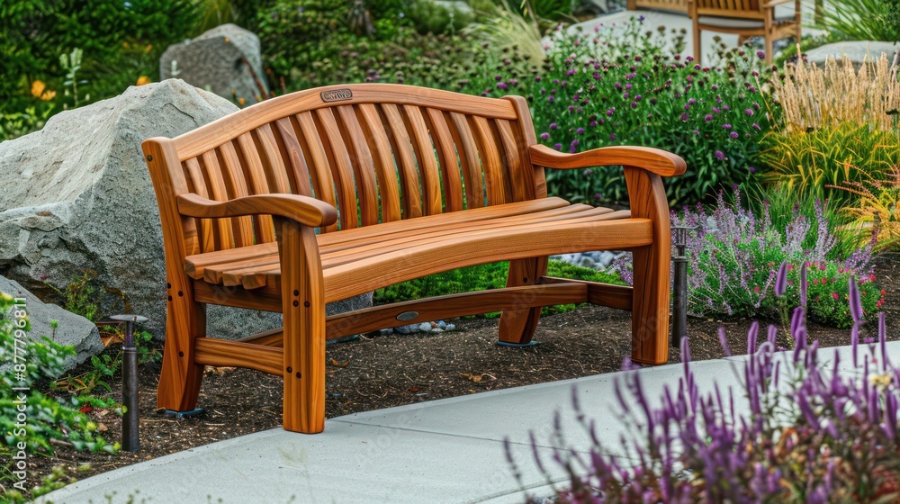 wooden Craftsman-style outdoor bench with a curved seat for comfort, designed to fit into natural garden contours wooden Craftsman-style outdoor bench with a curved seat for comfort, designed to fit into natural garden contours