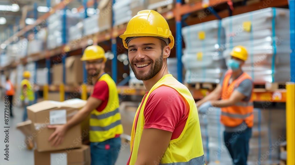 Workers unpacking supplies in a busy warehouse, enterprise, suppliers, organized dispersion Workers unpacking supplies in a busy warehouse, enterprise, suppliers, organized dispersion