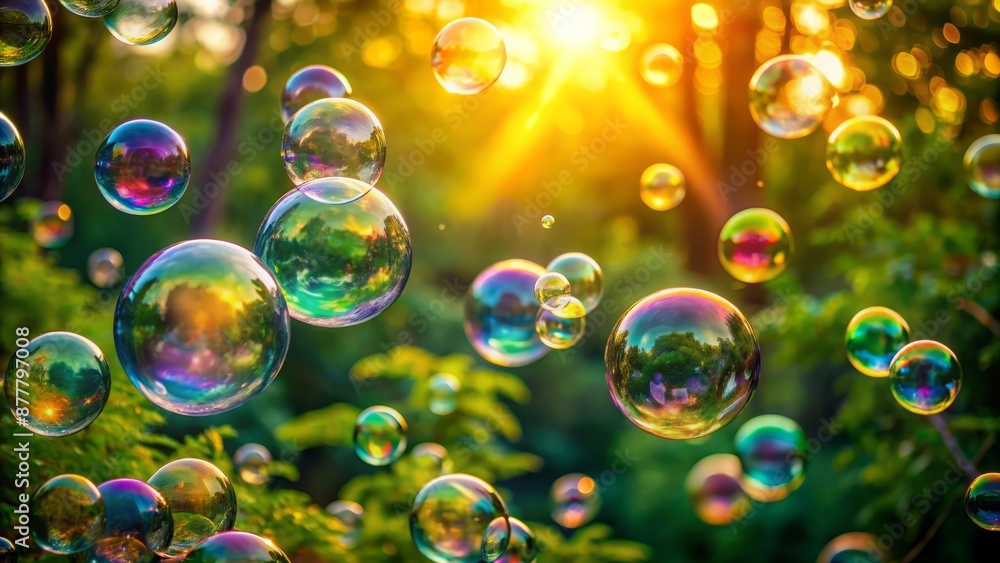 Colorful iridescent bubbles floating gently in mid air against a soft focus blurred green outdoor background with warm sunlight filtering. Colorful iridescent bubbles floating gently in mid air against a soft focus blurred green outdoor background with warm sunlight filtering.